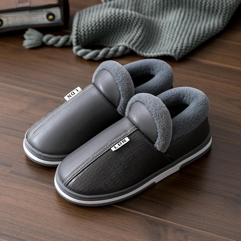 Leather cotton slippers women's winter home bag and confinement postpartum indoor warmth couple leather cotton shoes men's winter