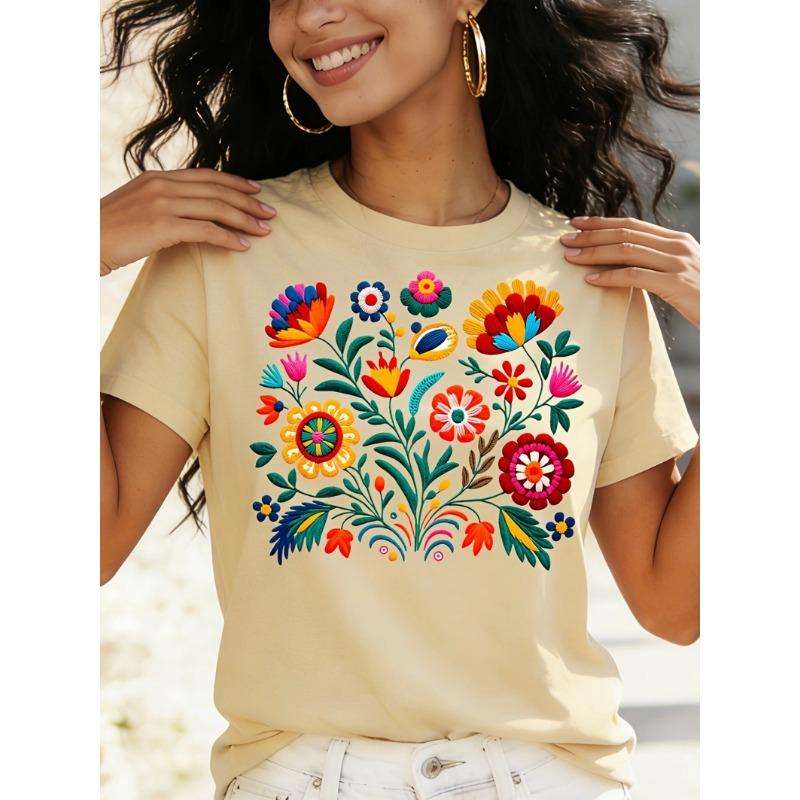 Mexican Colorful Floral Festival Letter Printed T-shirt, Women's Casual Short Sleeved Round Neck Top