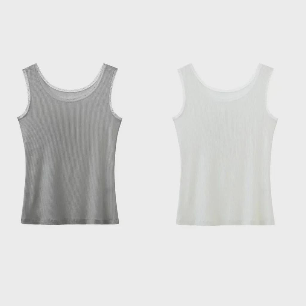 Damen Modal Geripptes Tanktop mit breiten Trägern und Spitzenbesatz - Frühling/Sommer Übergröße Lockere Passform
