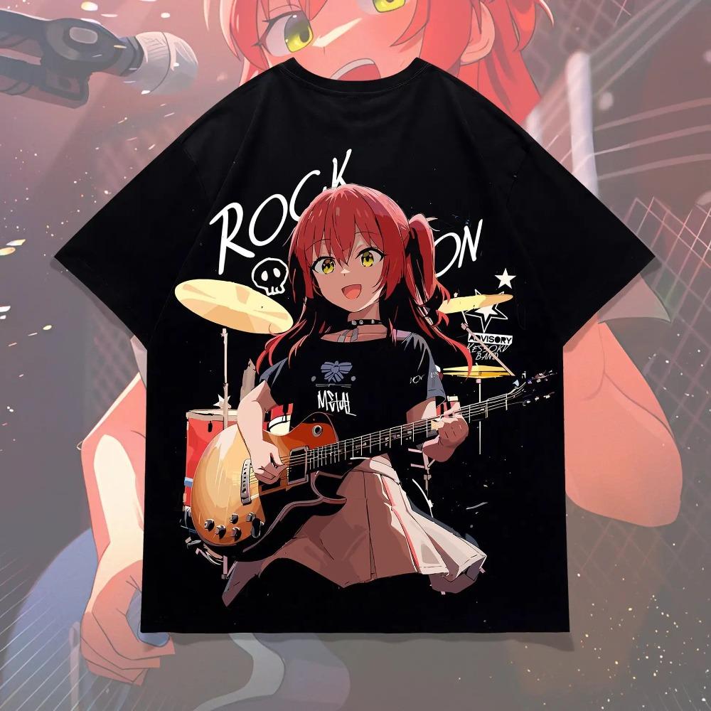 Oversized Black Short-Sleeve T-Shirt Featuring Anime Girl Bassist Live Performance Graphic Print For Music & Anime Fans