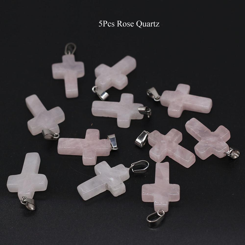 5Pcs Natural Stone Quartz Pendants Exquisite Cross-shaped Semi-precious Charms for Jewelry Making DIY Necklace Accessory Easter Gifts