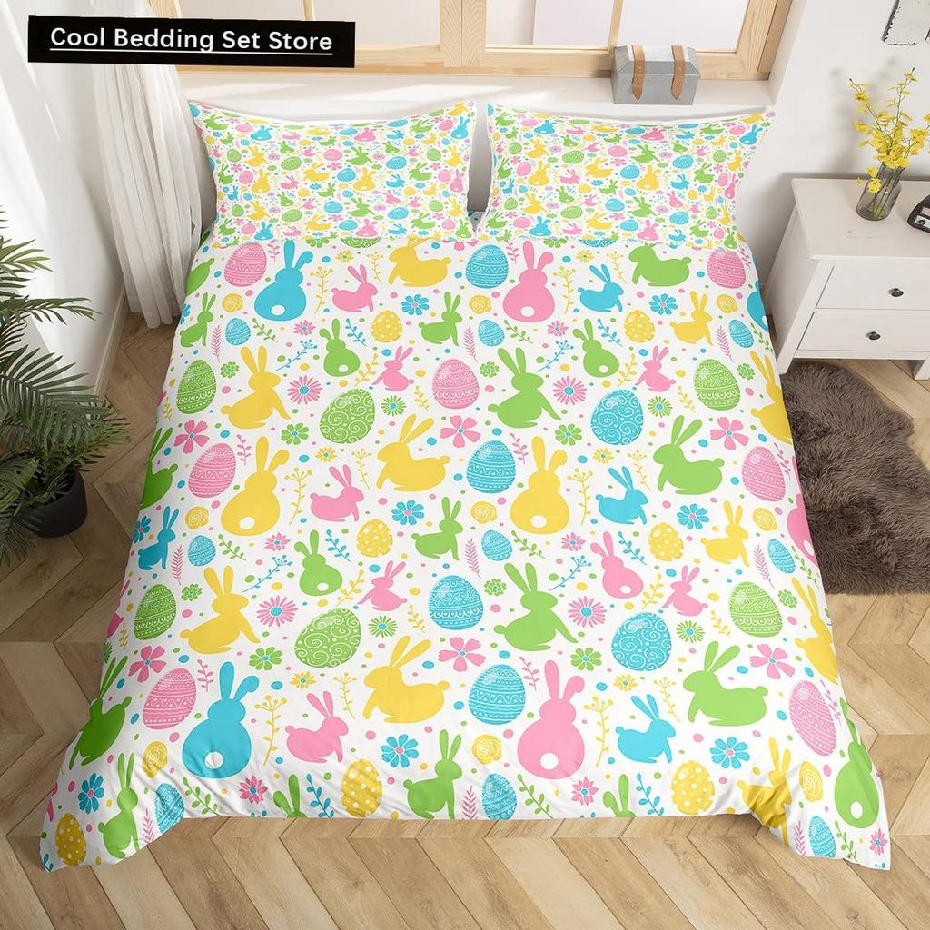 Watercolor Easter Eggs King Queen Bedding Set Happy Easter Themed Duvet Cover Toddlers Rainbow Easter Egg Polyester Quilt Cover