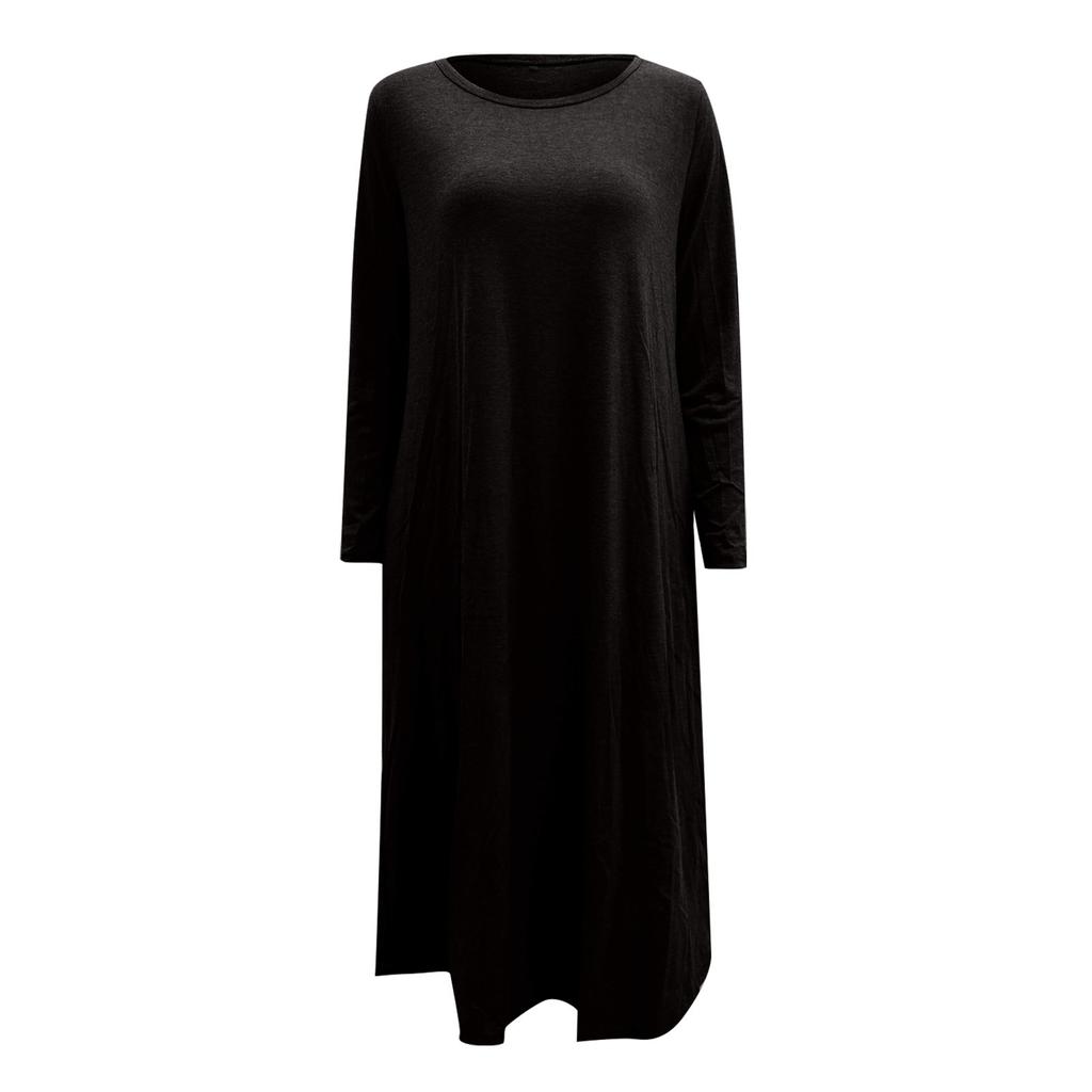 Women's Casual Round Neck Long Sleeve Curved Hem Loose Long Dress With Pocket