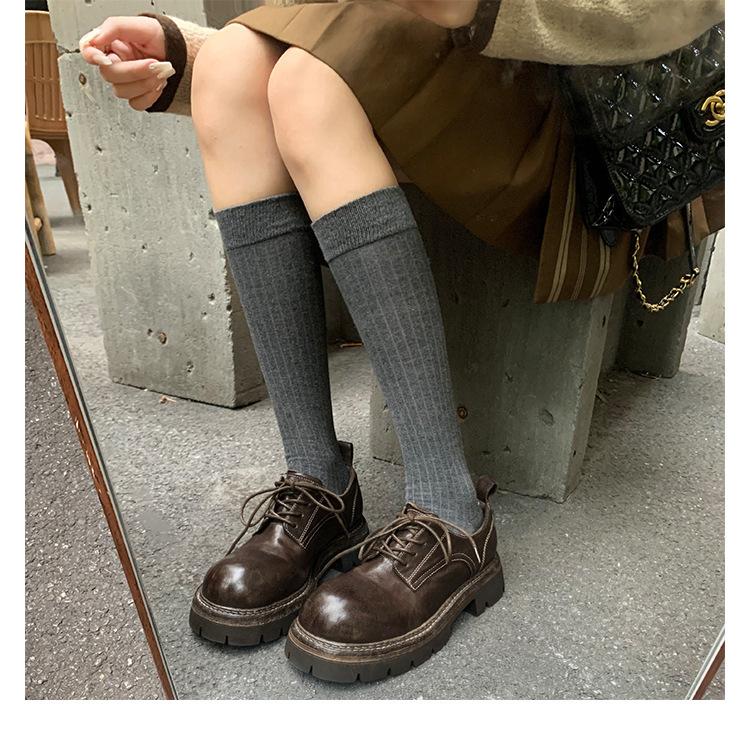 Sheepskin~ platform muffin loafers women's leather retro thick heel lace-up jk single shoes British college style small leather shoes