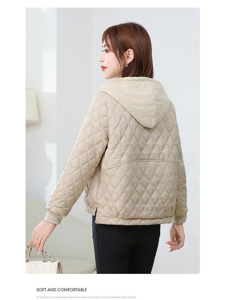 Women's Winter 2025 Rhombus Hooded Cotton-Padded Jacket - Trendy Petite Lightweight Outerwear