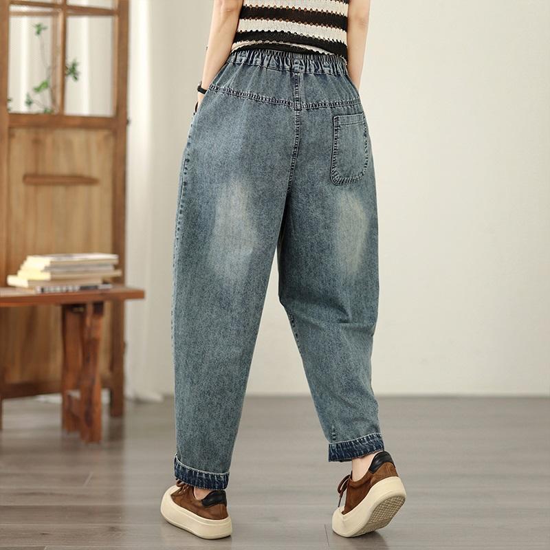 Übergröße Vintage Stickerei hohe Taille lässig locker Damen Frühling Sommer Herbst Jeans Denim Haremshose