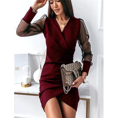 Women's Solid Color Mesh Long Sleeve V-neck Sexy Short Dress Clothes Sale