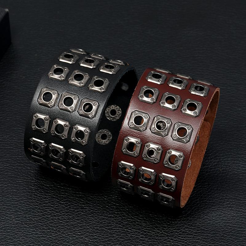 Retro Rivet Wide Genuine Leather Bracelet Fashion Jewelry Rock Punk Adjustable Length Bracelets Men Wristband Bangle