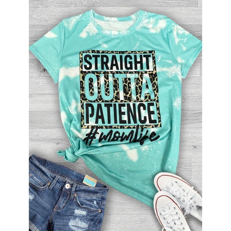 

Ladies casual short sleeved T-shirt - Straight Outta Patience pattern print and leopard print decoration S