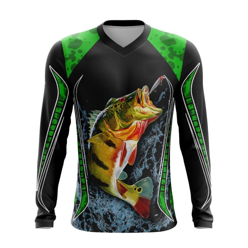 Men's Quick-Dry Fishing Shirt - Moisture-Wicking, Long Sleeve Rash Guard with Fish Design, Perfect for Hiking & Outdoor