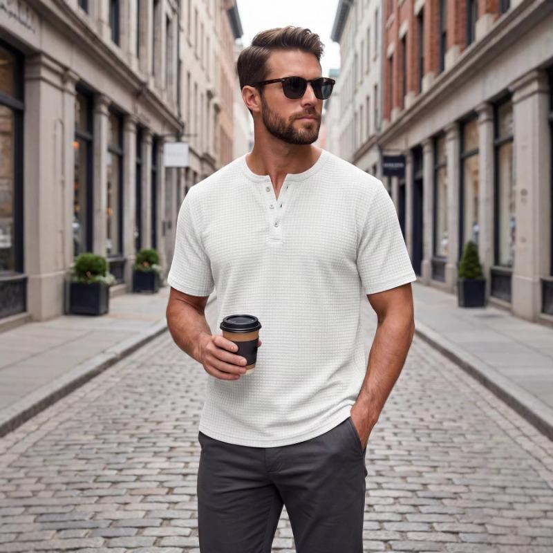 New Summer T-shirt Daily Casual Slim Button Solid Color Henley Short Sleeve Men S белый