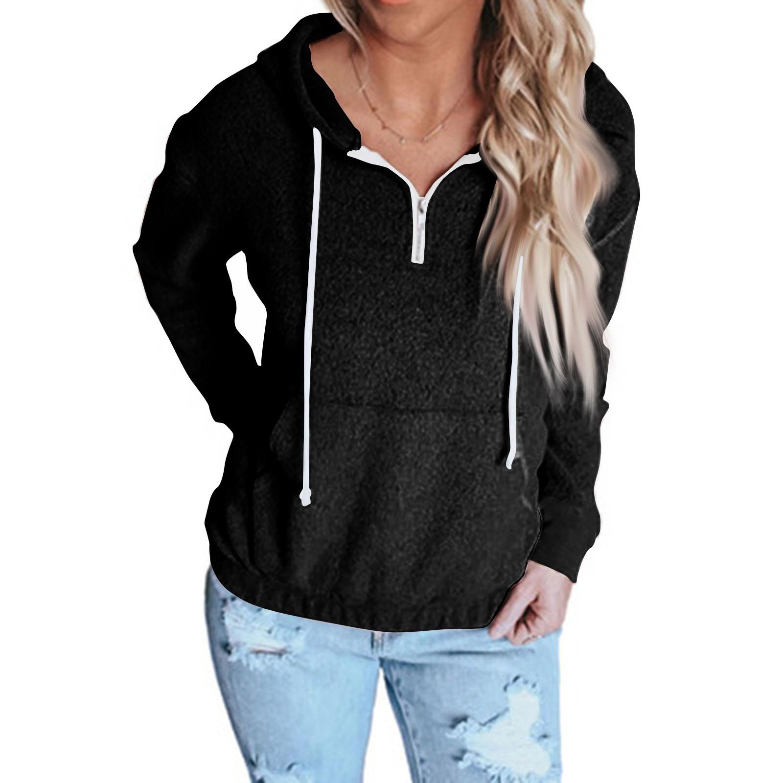Женский однотонный пуловер с капюшоном и шнурком на молнии, повседневный пуловер с длинными рукавами, топ S чёрный