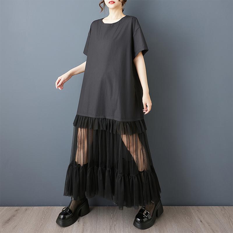 Dimanaf New 2025 Plus Size Summer Dress Women Lace Pleated Spliced Vintage Casual Loose Dress Maxi
