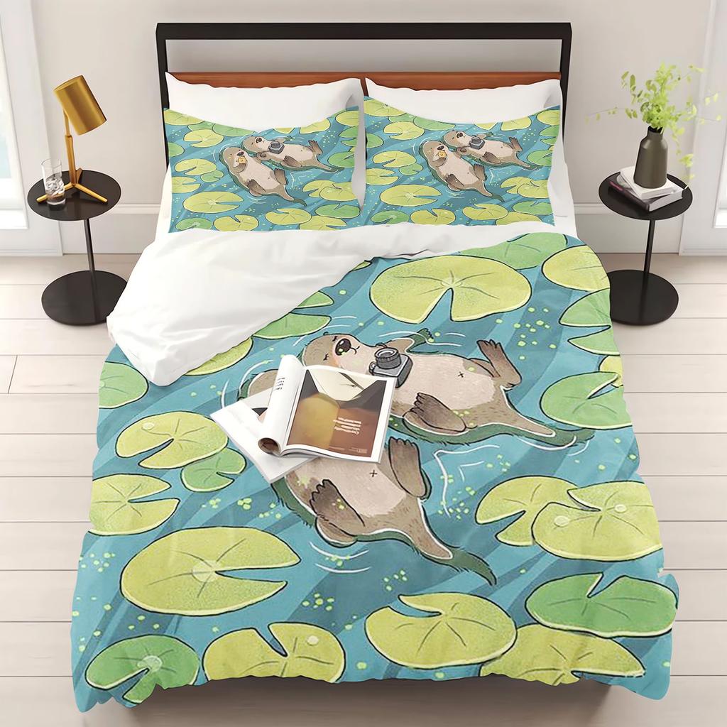 Otter Duvet Cover Animal Cartoon 3-Piece Set Children Cute Polyester Soft Breathable Comforter Animation Bedding