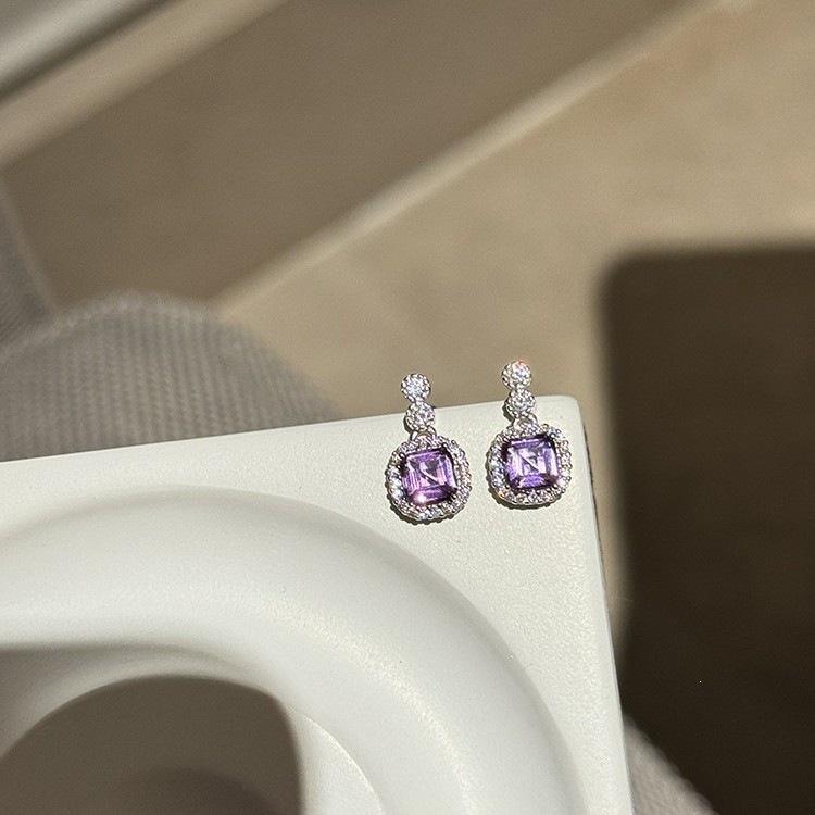 Square Amethyst Cubic Zirconia S925 Sterling Silver Stud Earrings, White Gold Plated, Light Luxury Vintage Style for Women 925 Silver