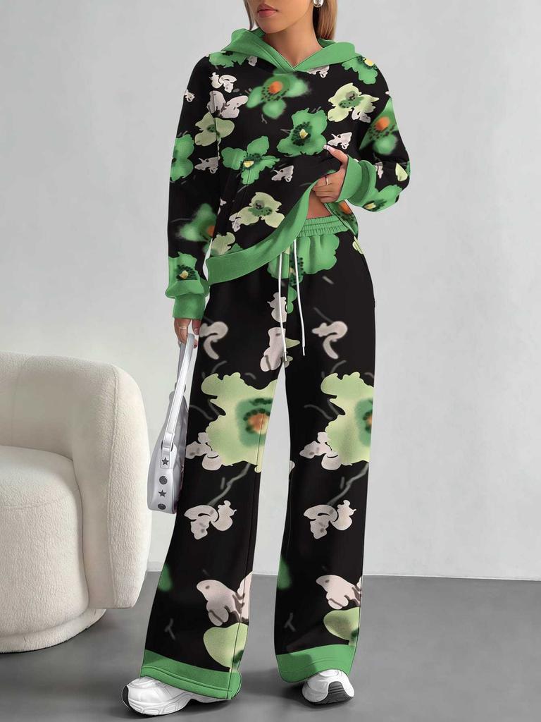Retro Pattern Splicing European, American Autumn And Winter Casual Long-Sleeved Suit Women'S Hooded Sweater Trousers Two-Piece Set