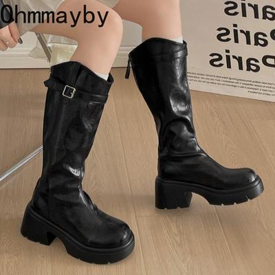 Invierno Plataforma Tacón Grueso Mujer Botas Altas de Caballero Acogedoras Zapatos de Cuero Suave Estilo Urbano Modernos Botines Largos De Mujes