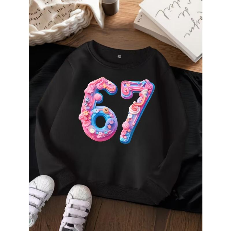 Unisex Kids Red Crewneck Sweatshirt For 4-12 Boys Girls Cute 3D Swirl Donut Candy Number 67 Print Soft Fleece Long Sleeve Pullover