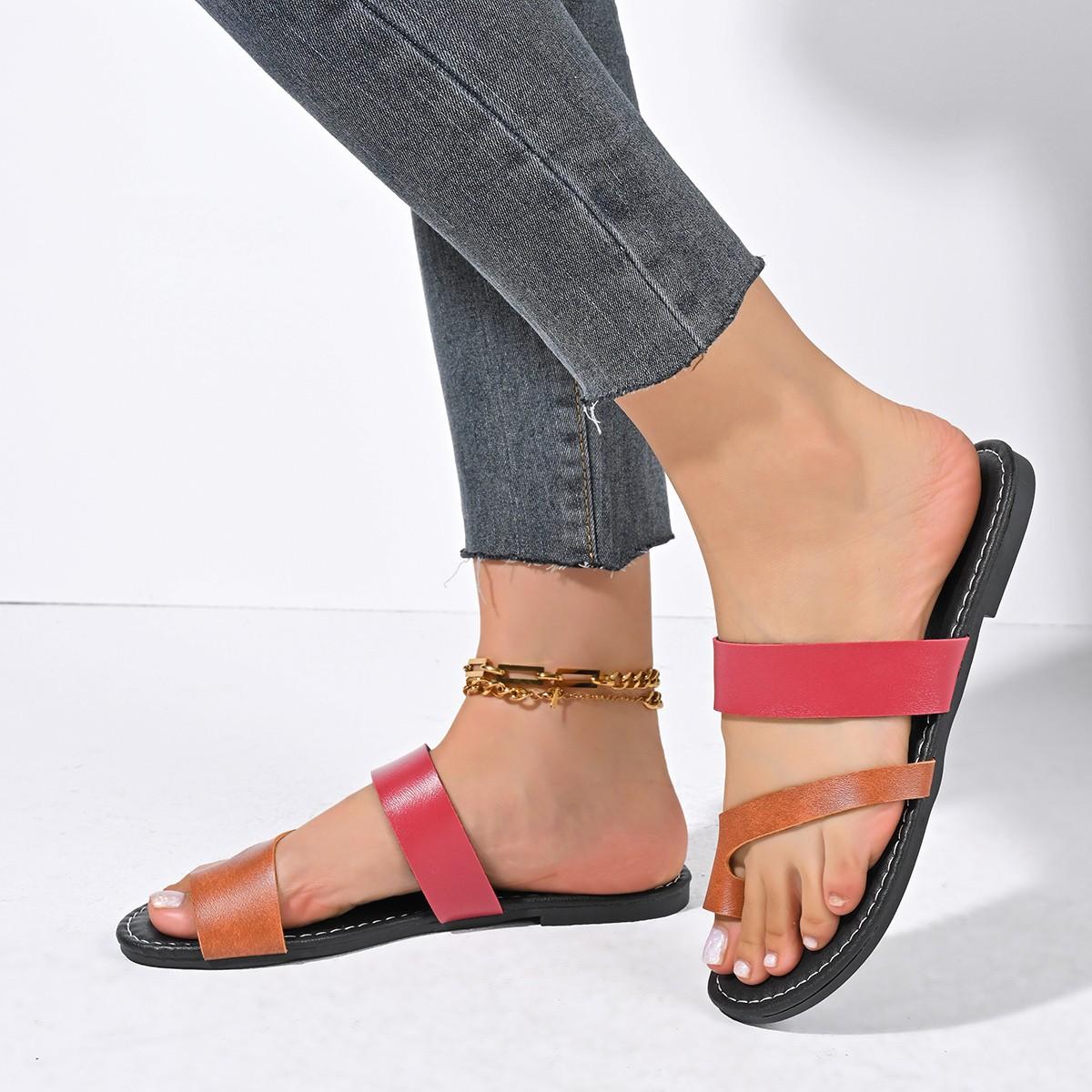 

2024 summer new set of toe slippers women s summer ladies casual sandals flat large size beach shoes foreign trade 36 малиновый