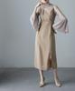 Pleated Bell Sleeve M [etoll] I-line Dress, One-piece, Wedding, After-party, Formal, Beige,