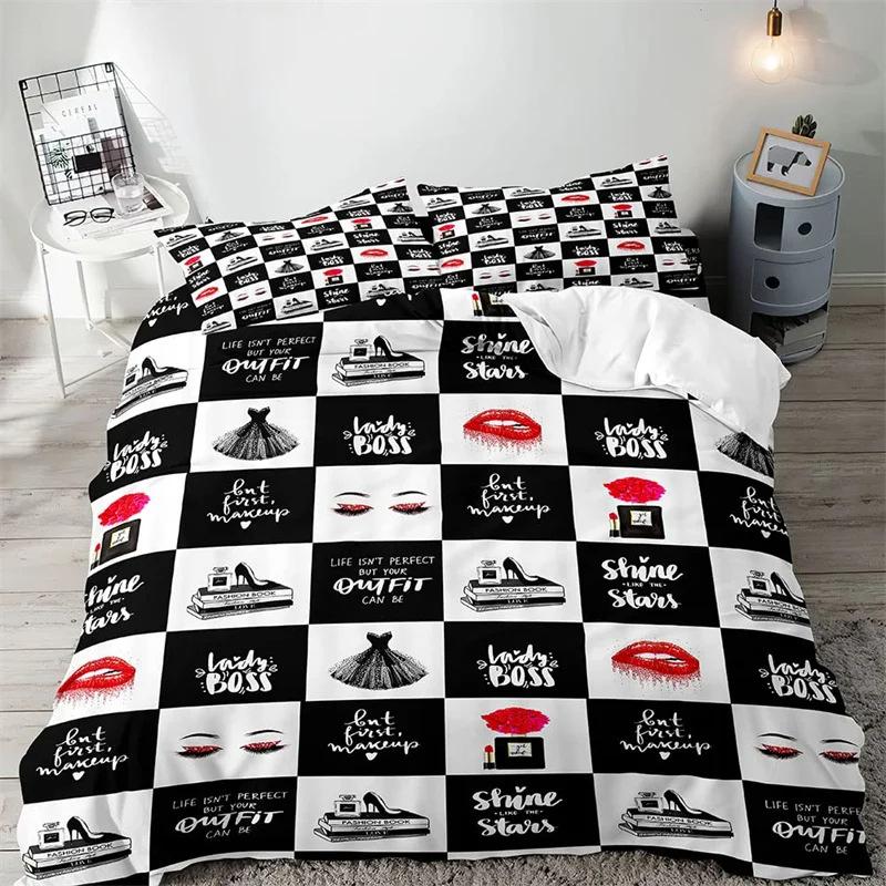 Hello Gorgeous Duvet Cover Rose Gold Shiny Eyelashes Makeup Charming Girl Fashion Bedding Three-piece Set