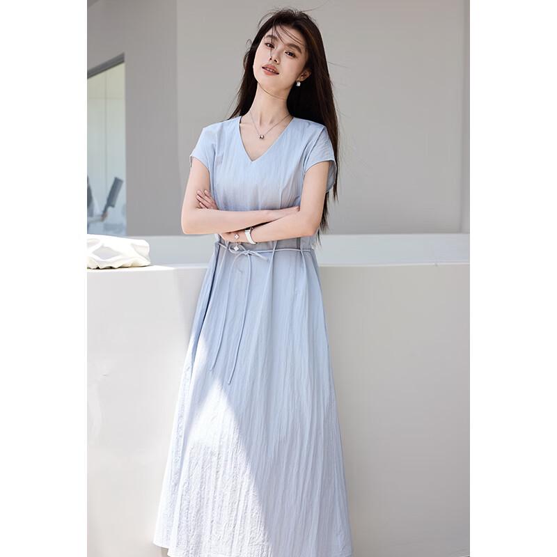 VICTORIA&VERA Summer V-Neck Drop-Shoulder Tie-Waist Midi Dress