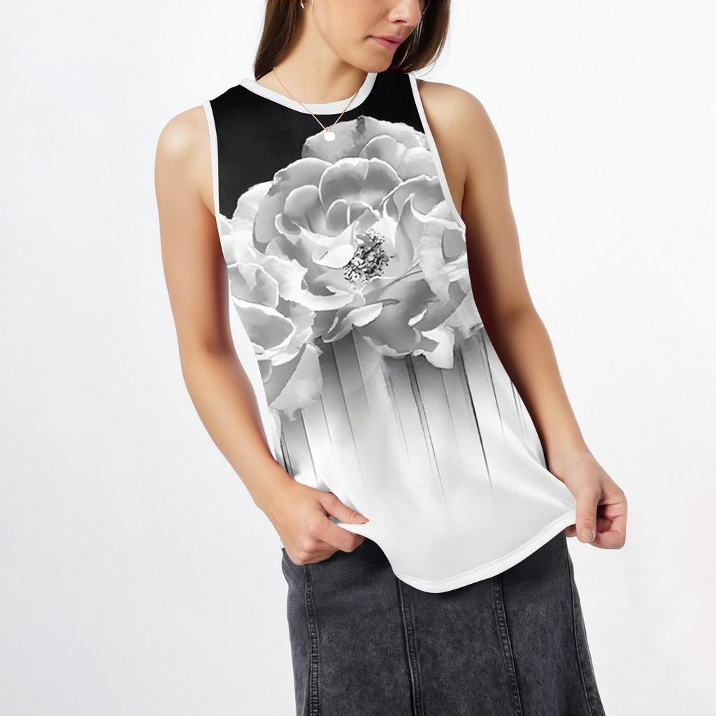 Women's Round Neck Floral Print Vest Versatile Loose Hem Sleeveless T-Shirt Top