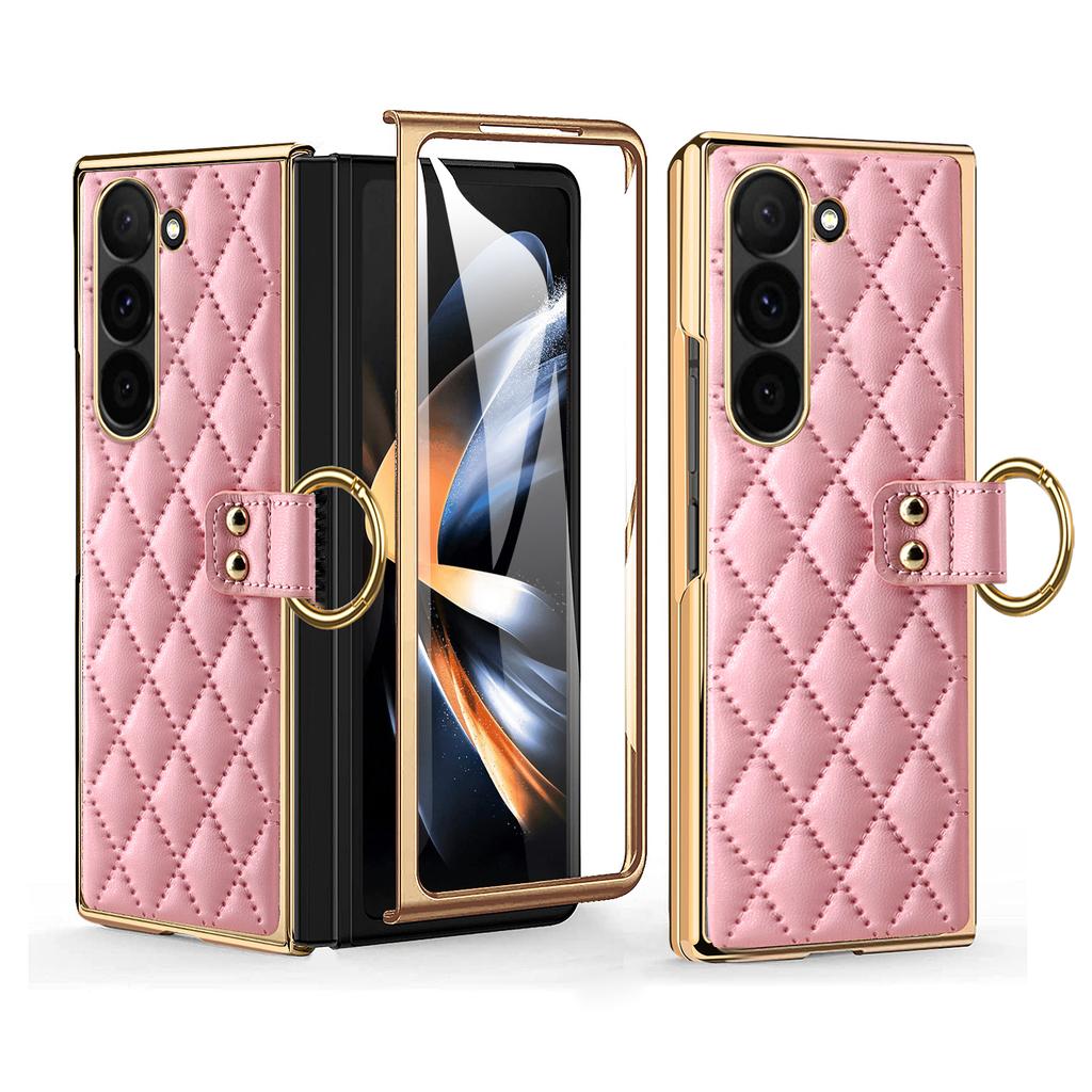 For Samsung Galaxy Z Fold6 5G Case Rhombus Grid Phone Cover with Tempered Glass Film
