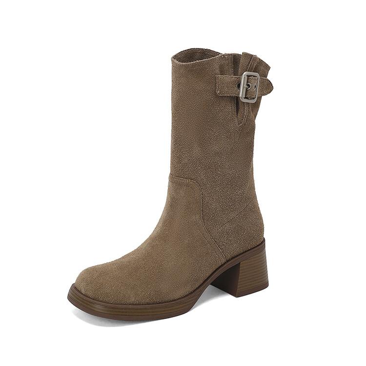 Fashion New Autumn Winter Cow Suede Women Boot Fashion Platform Boots for Women Chunky Heel Mid-calf Boots Ladies Shoes Western Boots