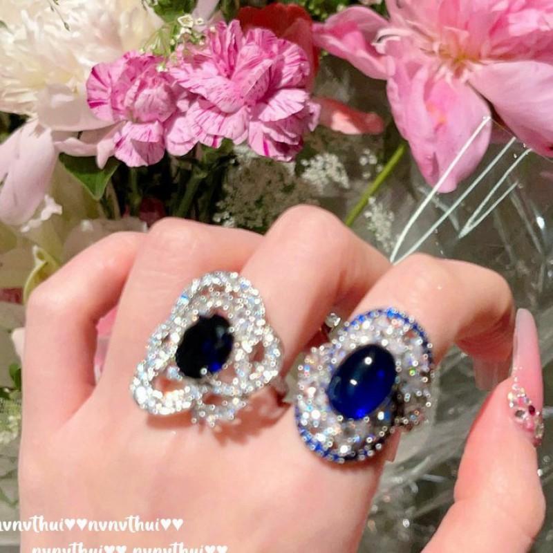 Vintage Floral Open Ring With Deep Sea Blue Cubic Zirconia Swirl Design 18K Gold Plated Womens Adjustable Band