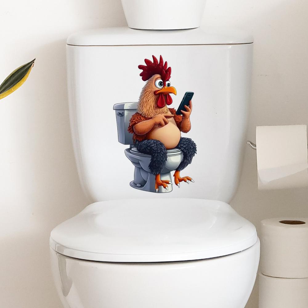Creative Rooster Watching Phone Toilet Lid Sticker for Bathroom Cabinet Wall Decor