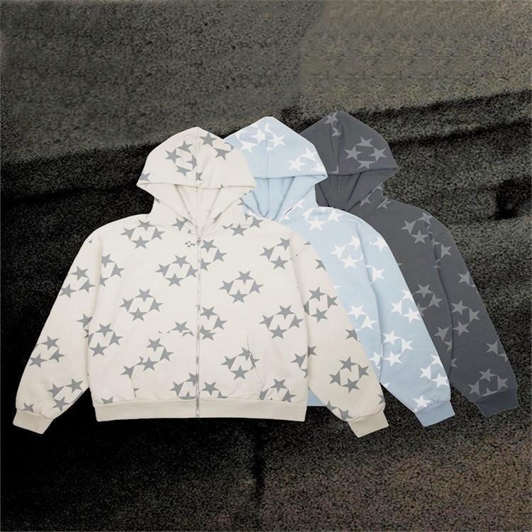 S-6XL Plus Size Autumn and Winter Men's and Women's Same Star Printed Casual Fashion Cardigan Hooded Couple Sweater