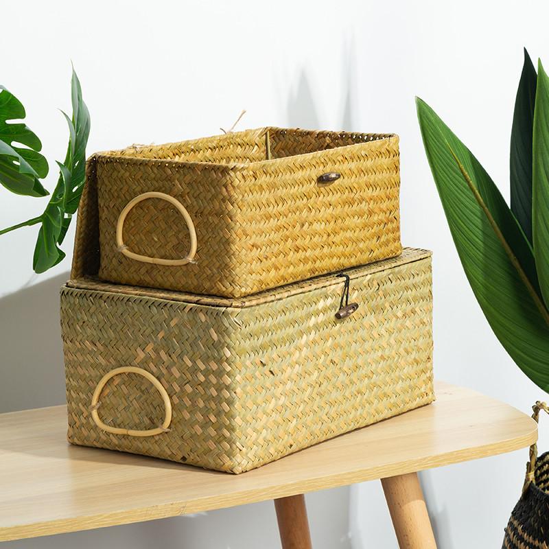 Hand Weaving Seaweed Shelf Baskets with Lid Rectangular Bin Woven Storage Box with Handle Home Organizer Bedroom