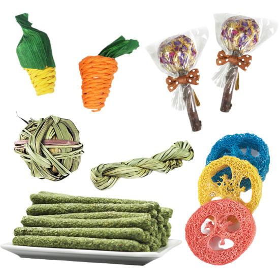 

14 шт. Игрушки для жевания кроликов, Игрушка для стачивания зубов, Богатая клетчаткой, Натуральная солома, Кукуруза, Морковь, Плетеные шарики, Игрушки для мелких животных для хомяков, шиншилл 14