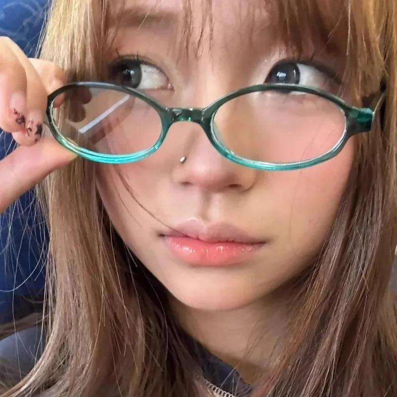 Girls Y2K Red Green Frame Glass Retro Oval Sqaure Glasses Eyewear Decorative Computer Anti-blue Eyeglasses with Seaside Driving