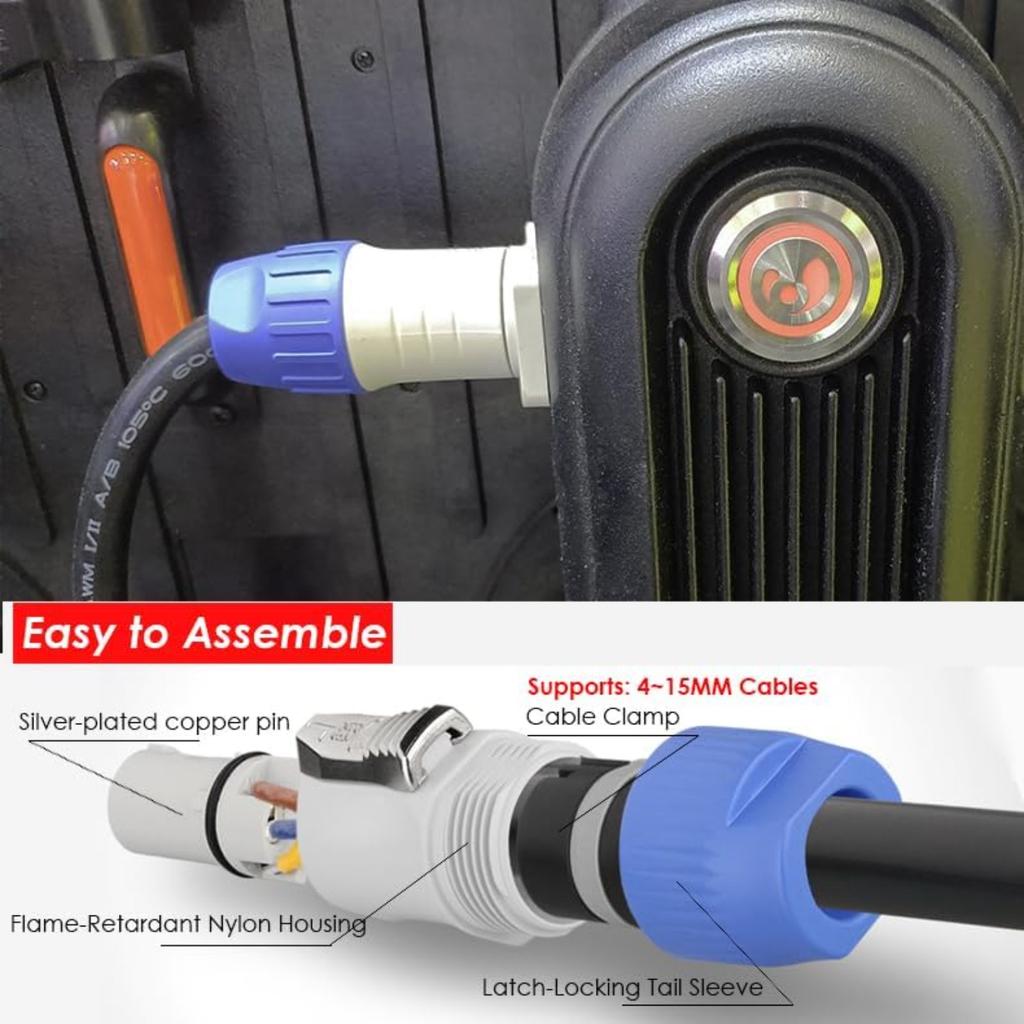 Heavy-Duty PowerCon Connectors, 3-Pin AC Male and Female, 250V 20A, High-Performance Aviation-Grade for Stage Lighting and Audio Equipment.