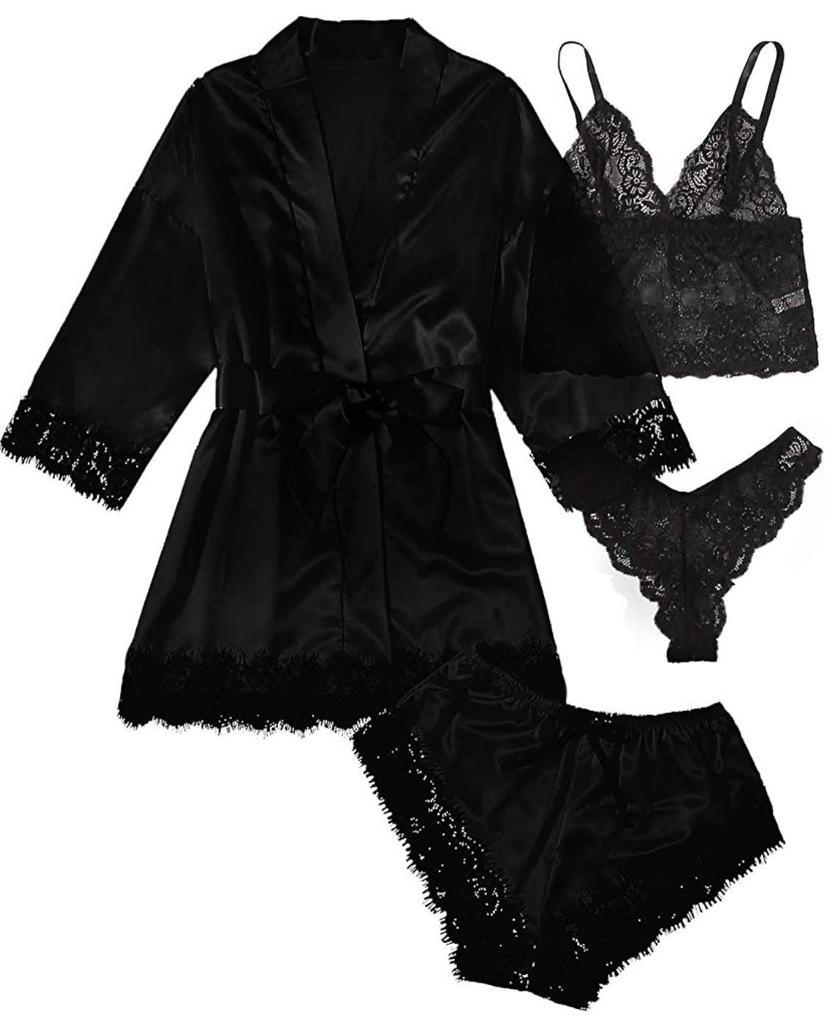 European & American Lace Satin Women's 4-Piece Pajama Set - Sexy, Seductive Nightgown & Robe