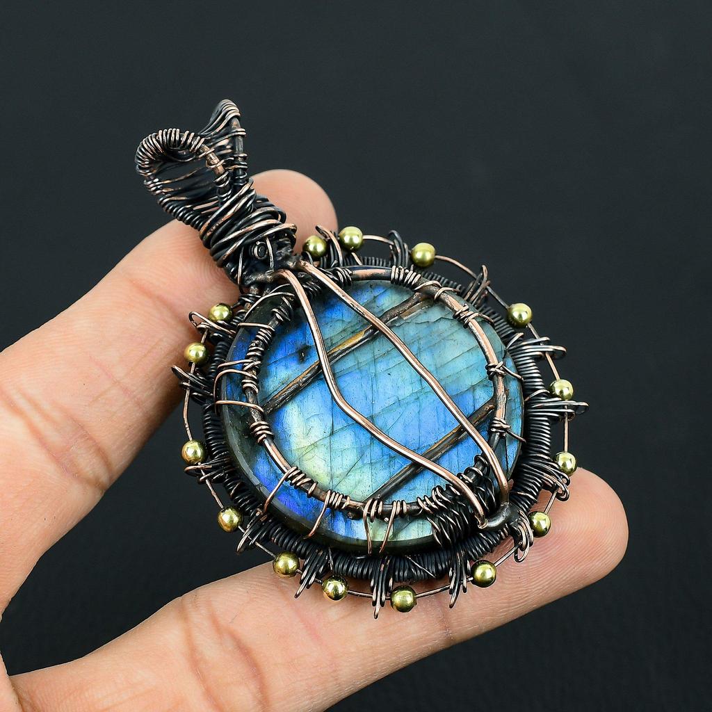 Unique Tree Of Life Carved Labradorite Gemstone Handmade Pure Copper Wire Wrapped Pendant Jewelry