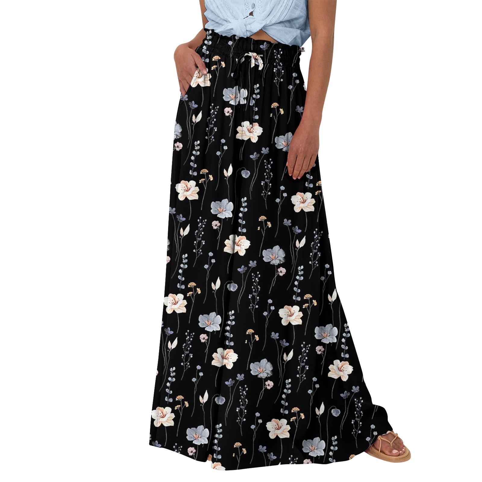 

Женские широкие брюки с высокой талией, летние повседневные струящиеся брюки-палаццо, пляжные брюки с цветочным принтом и карманом XL чёрный