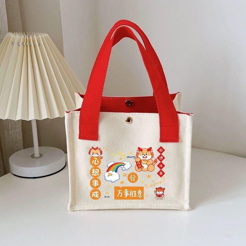 Cute Canvas Handbag Cartoon Small Bucket Bag Clutch Purse Bento Bag Office Worker Handbag Women Girls