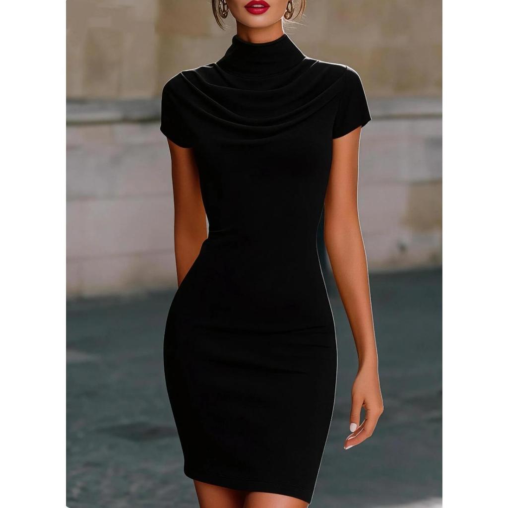 2026 Elegant Cowl Neck Bodycon Mini Dress for Women, Short Sleeve High Neck Slim Fit Party & Casual Wear