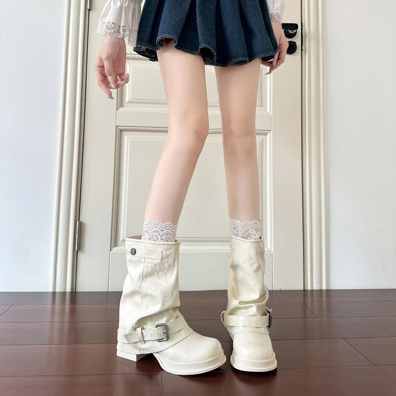 White Retro Fashionable Trouser Tube Boots Round Head Belt Buckle Thick Heel Pile Short Boots Fried Street Versatile Martin Boots Women