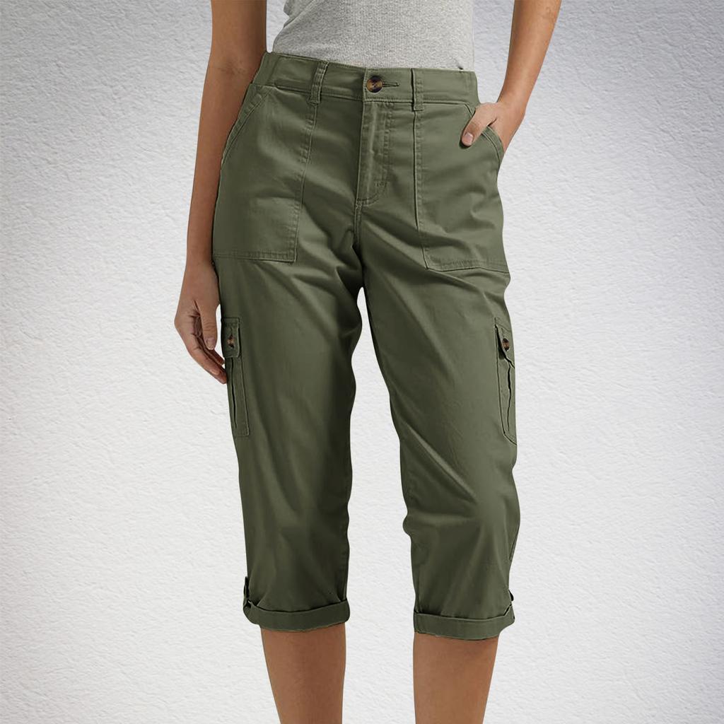 Health Women's Solid Color Outdoor Casual Workwear Multi-Pocket Seven-Length Casual Pants Work Trousers Comfortable Fit