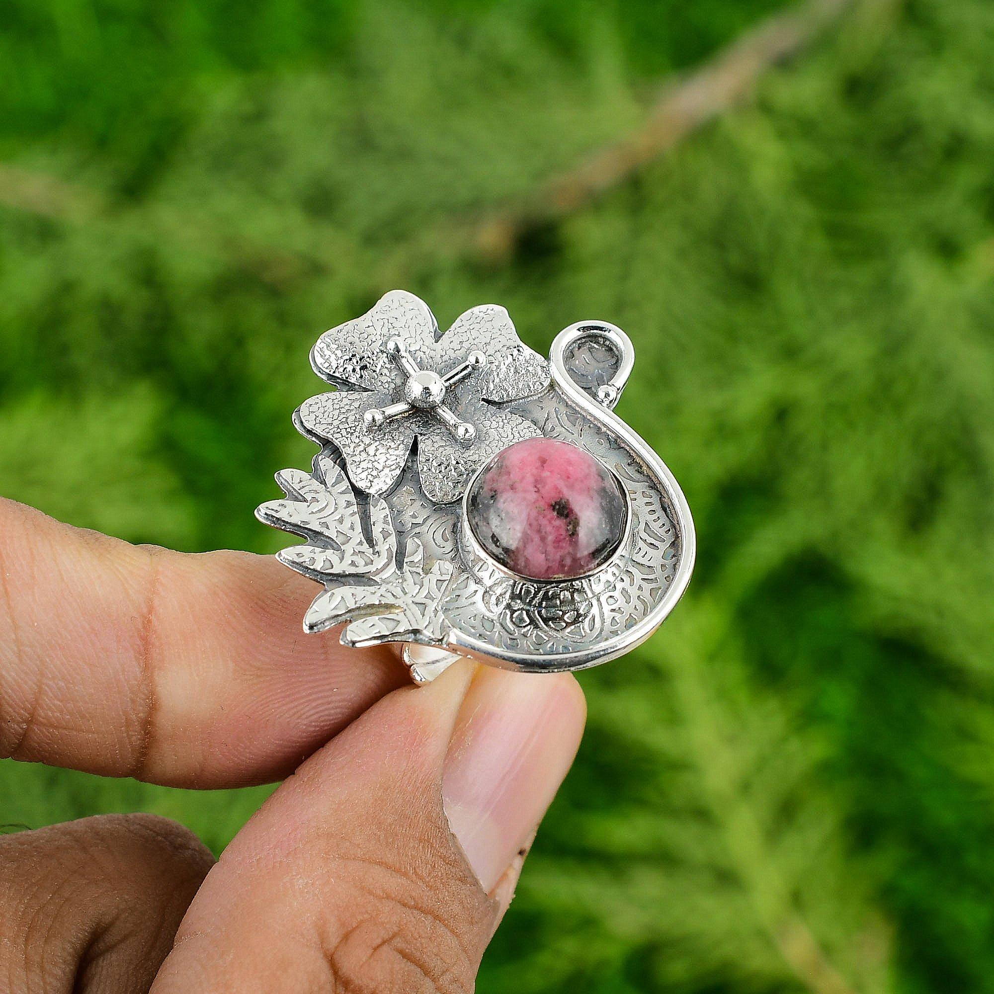 

Sterling Silver Round Rhodonite Stone Art Deco Flower Promise Heart Chakra Ring Adjustable