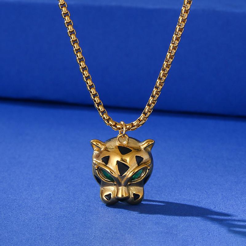 Collana con Ciondolo Testa di Leopardo in Acciaio Inossidabile e Oro 18K - Catena per Clavicola in Acciaio Titanio Versatile di Lusso Leggero