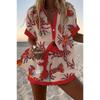 Sommar Ny Dam Tryckt Kortärmad Skjorta Set Hög Midja Löst Tryckt Shorts Tvådelat Casual Mångsidigt Set