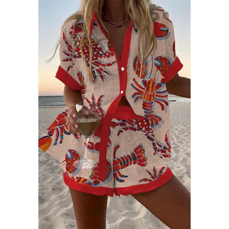 Sommar Ny Dam Tryckt Kortärmad Skjorta Set Hög Midja Löst Tryckt Shorts Tvådelat Casual Mångsidigt Set