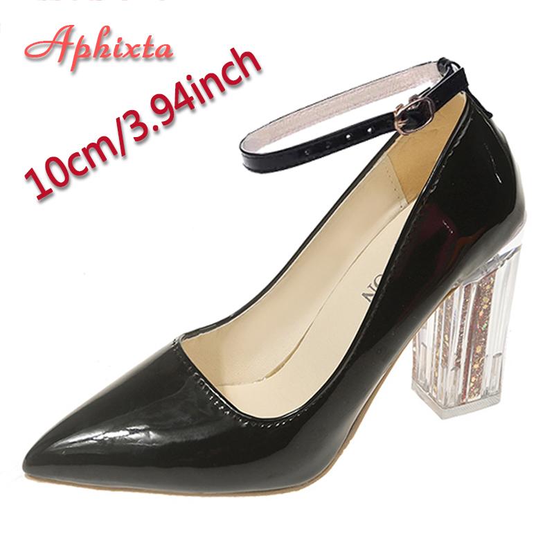 Fashion Aphixta 3.94inch Transparent Chunky Heels Women Pumps Orange Pimp Buckle Ankle Strap Shoes Leisure Patent Leather Plus Size 50
