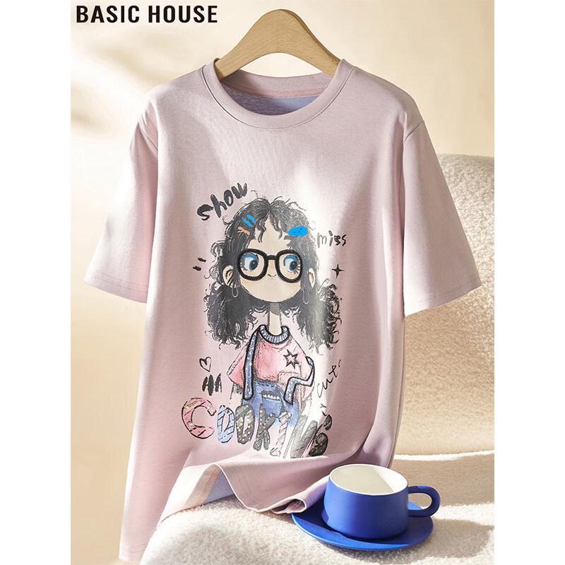 Basic House Women s Printed Round Neck Short Sleeve T-Shirt One Size