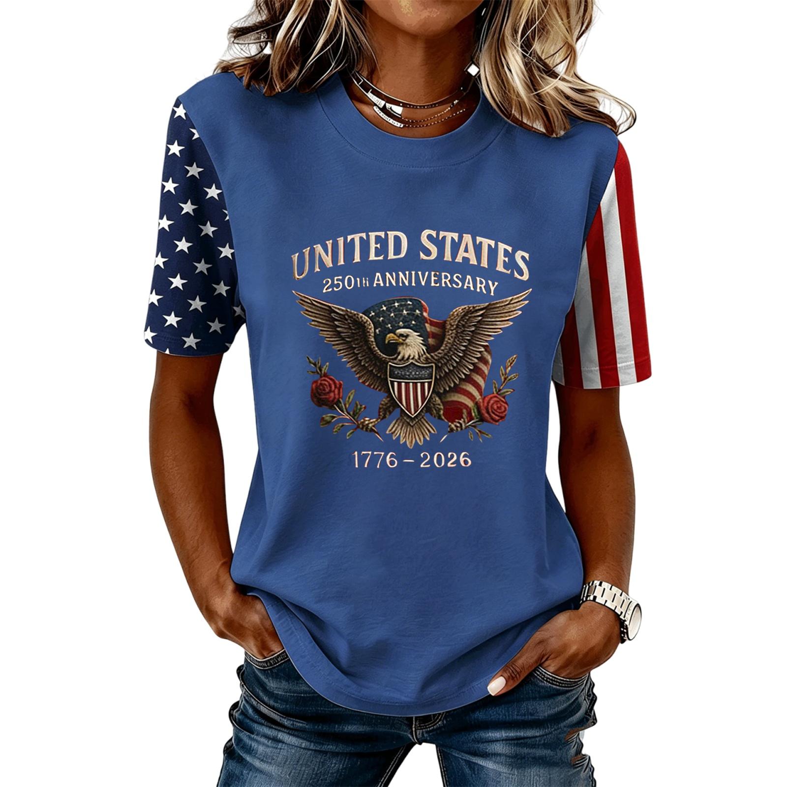 

Women s Casual Short Sleeve T-Shirt United States 250th Anniversary Graphic Tee Crew Neck Lightweight Soft Fabric Summer Top M синій